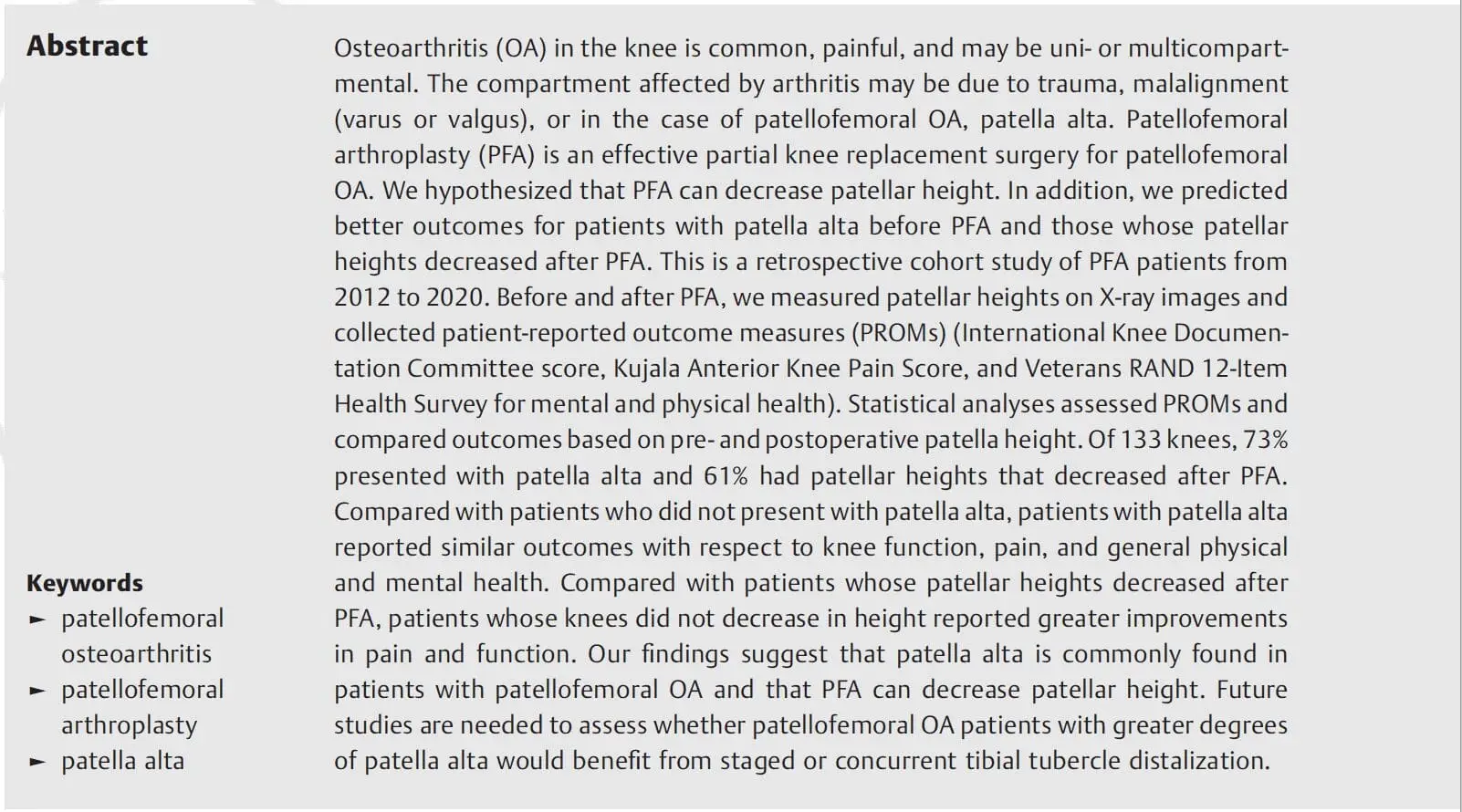 Effect of Patellofemoral Arthroplasty on Patellar Height in Patients with Patellofemoral Osteoarthritis