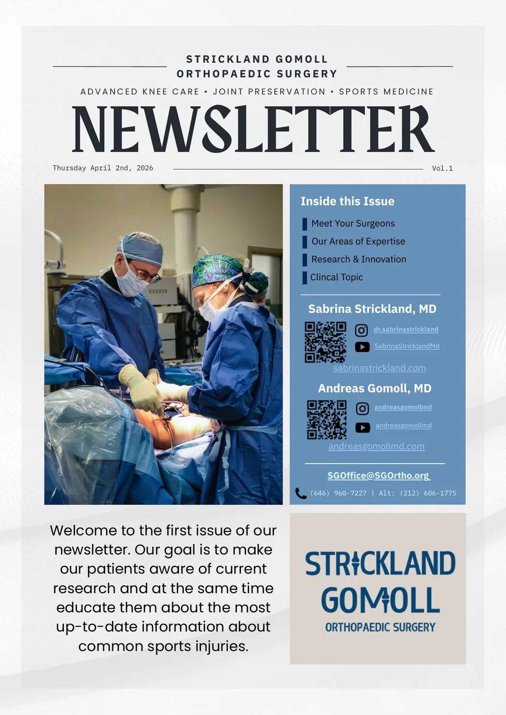 Strickland Gomoll Orthopaedic Surgery Newsletter, Volume 1 — page 1