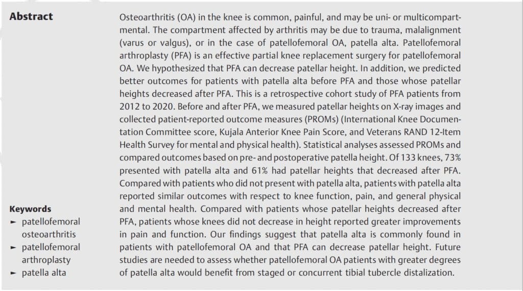 Journal of Knee Surgery: Effect of Patellofemoral Arthroplasty on Patellar Height in Patients with Patellofemoral Osteoarthritis