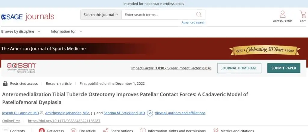 Anteromedialization Tibial Tubercle Osteotomy Improves Patellar Contact Forces: A Cadaveric Model of Patellofemoral Dysplasia