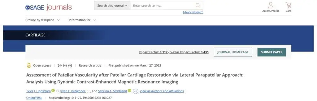 Assessment of Patellar Vascularity after Patellar Cartilage Restoration via Lateral Parapatellar Approach